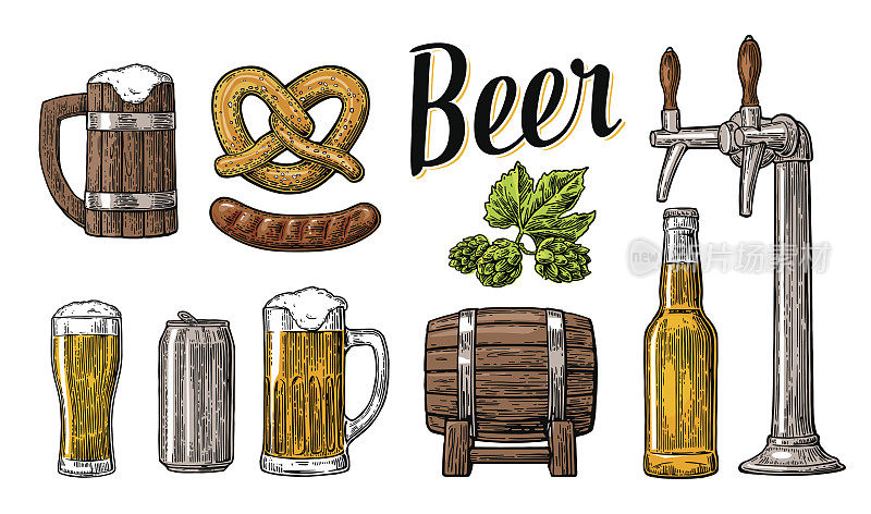 啤酒。Tap, class, can, bottle, barrel, sausage, pretzel, hop